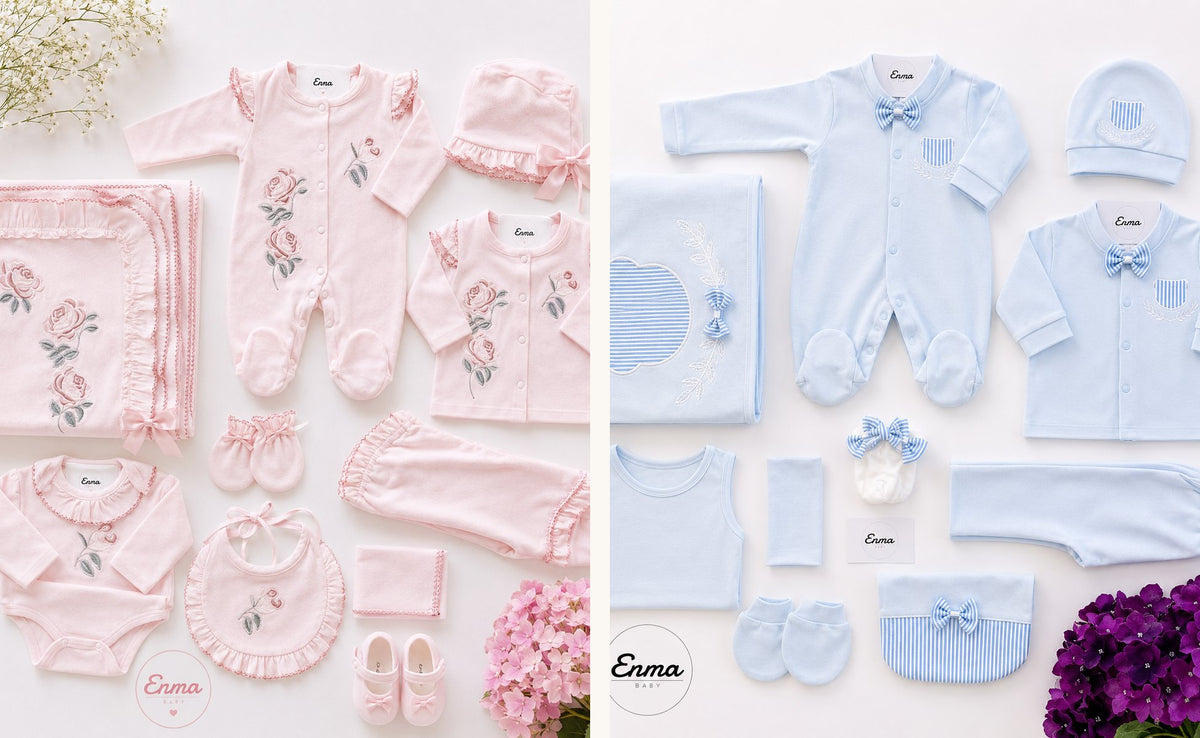 Zwei Erstausstattungssets als Flatlay: rosa Set mit Rosen-Stickerei und hellblaues Set mit Schleifen