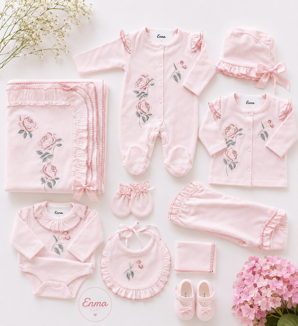 10-teiliges rosa Erstausstattungsset mit Rosen-Stickerei
