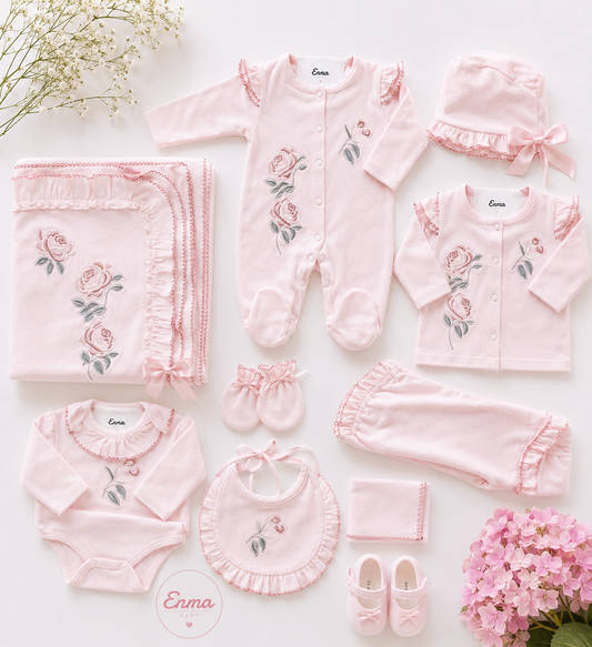 10-teiliges rosa Erstausstattungsset mit Rosen-Stickerei