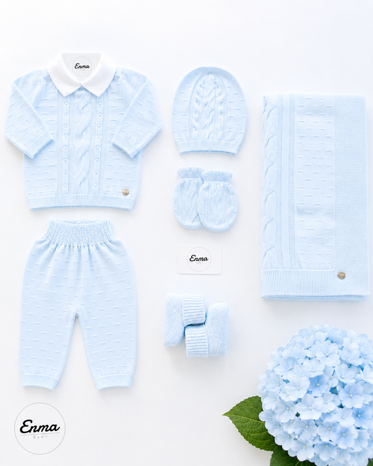 5-teiliges hellblaues Strick-Set mit Kragen für Babys