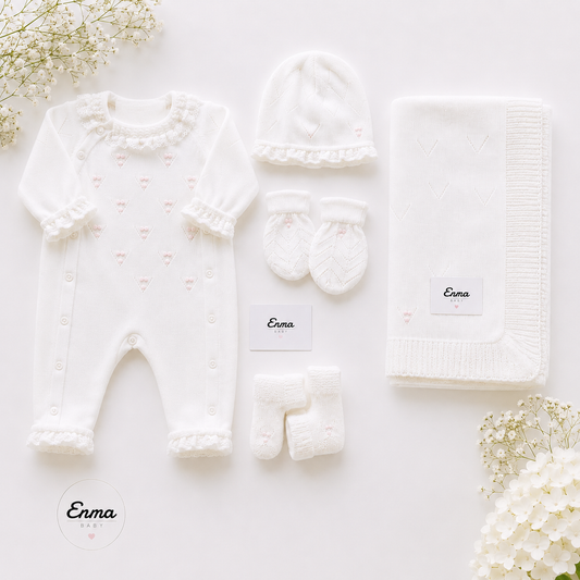 5-teiliges weißes Strick-Set mit Pünktchen für Babys